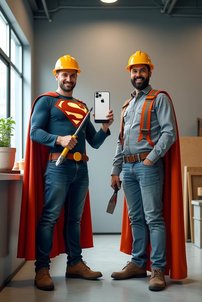 (Realistic), (photorealism) A realistic scene of two superhero-themed repairmen standing in a modern repair shop. One is an iPhone repairman dressed in a superhero outfit with a cape made of phone cables, holding a giant, realistic-looking screwdriver in one hand and a perfectly repaired glowing iPhone in the other. Beside him is a gypsum plasterboard craftsman dressed in a construction superhero outfit made of plasterboard pieces, holding a large, realistic plastering trowel. He is proudly standing next to a perfectly smooth plasterboard wall. The scene is lighthearted but grounded in reality, with the company name 'iphoners' clearly displayed on a sign in the background. The tools and environment are realistic, though exaggerated in a playful way.