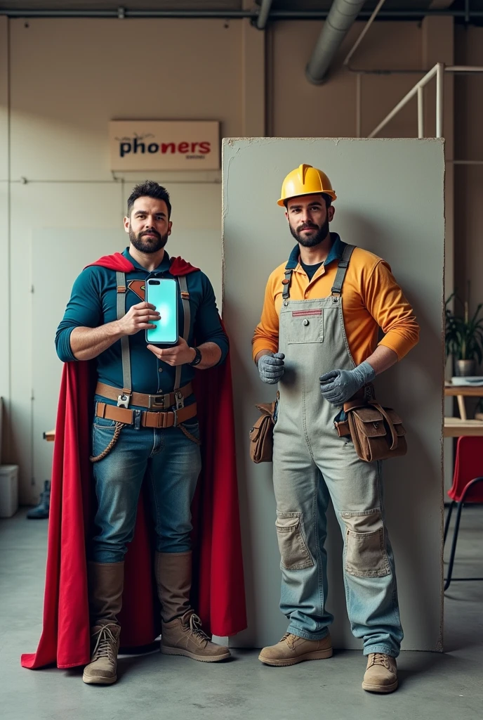 (Realistic), (photorealism) A realistic scene of two superhero-themed repairmen standing in a modern repair shop. One is an iPhone repairman dressed in a superhero outfit with a cape made of phone cables, holding a giant, realistic-looking screwdriver in one hand and a perfectly repaired glowing iPhone in the other. Beside him is a gypsum plasterboard craftsman dressed in a construction superhero outfit made of plasterboard pieces, holding a large, realistic plastering trowel. He is proudly standing next to a perfectly smooth plasterboard wall. The scene is lighthearted but grounded in reality, with the company name 'iphoners' clearly displayed on a sign in the background. The tools and environment are realistic, though exaggerated in a playful way.