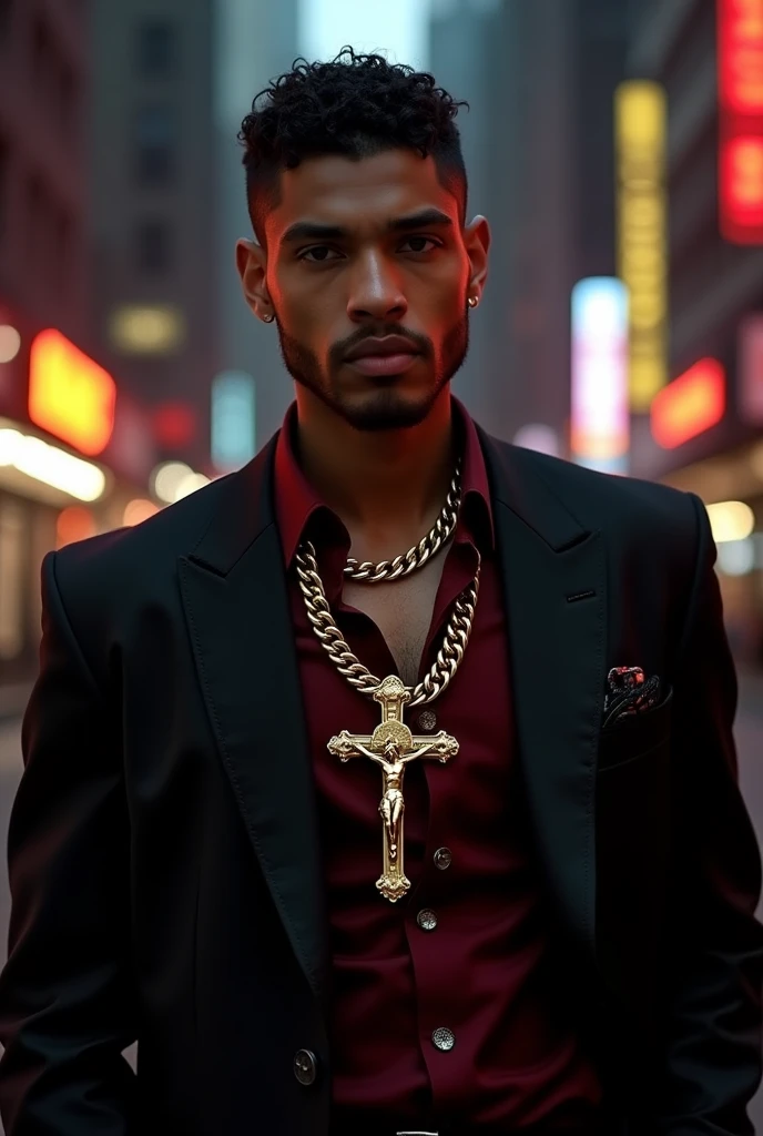 Create Scarface from the movie wearing a burgundy shirt and a black jacket., with a thin golden twist and a golden cross with Jesus on the cross, and also a Cuban chain