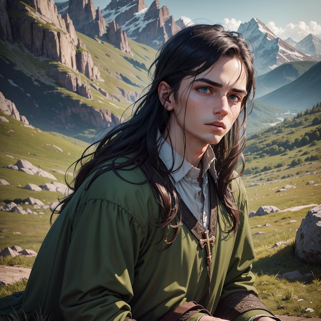 a young tired priest with dirty clothes, on a grassy mountain, detailed portrait, beautiful detailed eyes, beautiful detailed lips, extremely detailed face and features, intricate fabric textures, lush green grass, rocky mountain landscape, dramatic lighting, moody atmosphere, muted color palette, photorealistic, 8k, high resolution, masterpiece