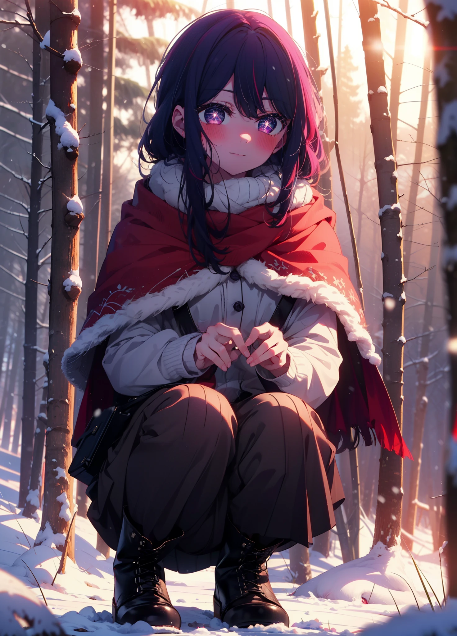 aihoshino, Ai Hoshino, Long Hair, bangs, (Purple eyes:1.1), Purple Hair, (Symbol-shaped pupil:1.5), smile,,smile,blush,white breath,
Open your mouth,snow,Ground bonfire, Outdoor, boots, snowing, From the side, wood, suitcase, Cape, Blurred, , forest, White handbag, nature, Squat, Mouth closed, Cape, winter, Written boundary depth, Black shoes, red Cape break looking at viewer, Upper Body, whole body, break Outdoor, forest, nature, break (masterpiece:1.2), Highest quality, High resolution, unity 8k wallpaper, (shape:0.8), (Beautiful and beautiful eyes:1.6), Highly detailed face, Perfect lighting, Extremely detailed CG, (Perfect hands, Perfect Anatomy),