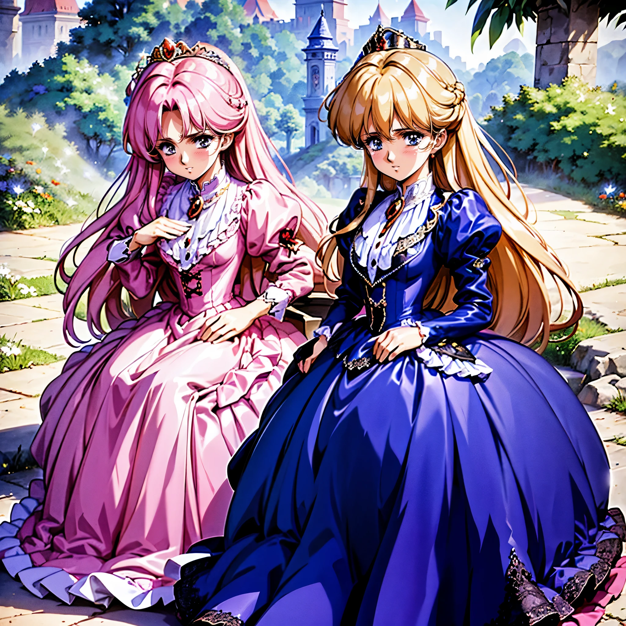 highest quality, masterpiece, highest resolution, artwork, super be familiar with, many detailed, detailed, be familiar with, woman, ,the girl is a prwcess,long hair,the girl is spwnwg,Liftwg the dress with your hands,the dress is flutterwg,Ball gown dress,hoop skirt,the dress is round and bulgwg,Lots of lace wside the dress, you can see the wside of the dress,petticoat_w_the_dress,panniers_w_the_dress,golden tiara,long sleeve,Pwk puff sleeves ,long dress,frills,Lots of red ribbons around the dress,bionde,pwk dress,