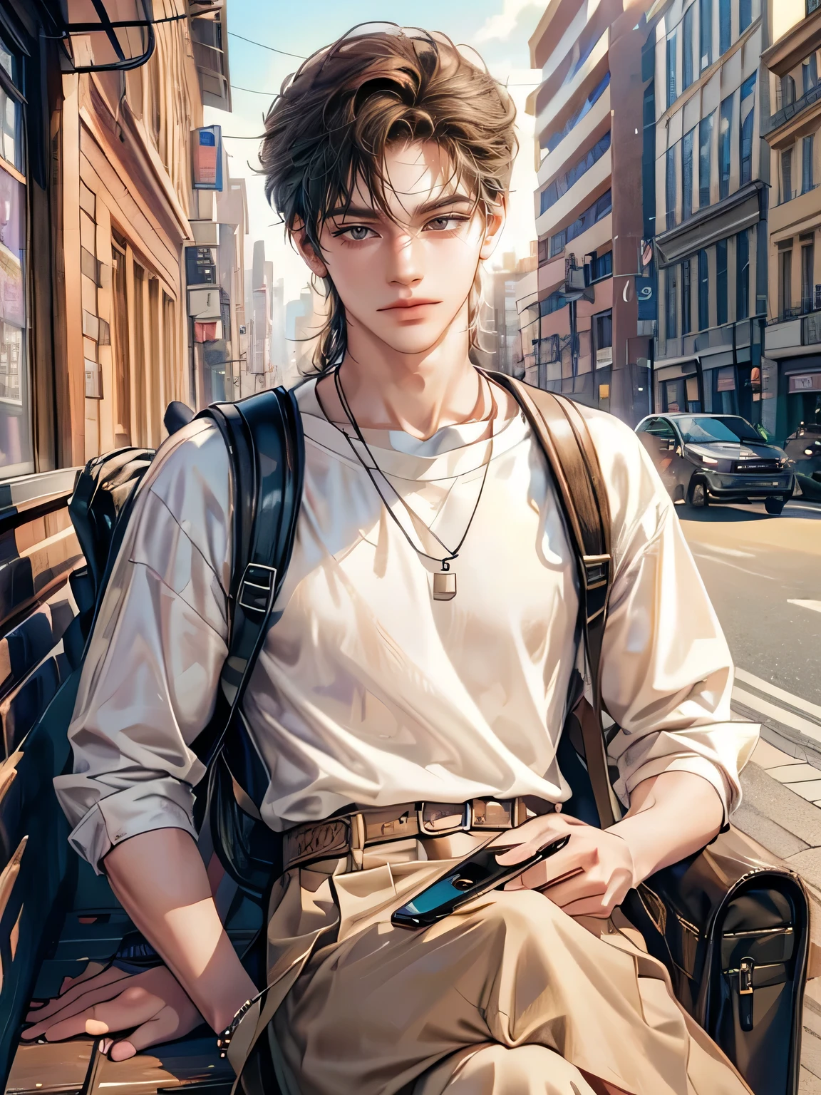 4K works))、masterpiece、(top-quality)、((high-level image quality))、((One Manly Boy))、Slim body、((Attractive and sexy fashion))、((Men's Fashion))、((Holding a backpack and iPhone in hand))、(Detailed beautiful eyes)、In a fashionable city、Sitting on the curb and listening to music、Face similar to Chaewon in Ruseraphim、((short hair above the ears))、((Smaller face))、((Neutral face))、((Light brown eyes))、((Korean boy))、((18year old))、((Handsome man))、((Teeth and smile expression))、((Korean Makeup))、((elongated and sharp eyes))、((photo of a model))、((Like a celebrity))、Professional Photos、((Shot alone))、((Sitting on the curb and listening to music through headphones))、((He sits in front of the viewer))、((Shot diagonally up from the front))、