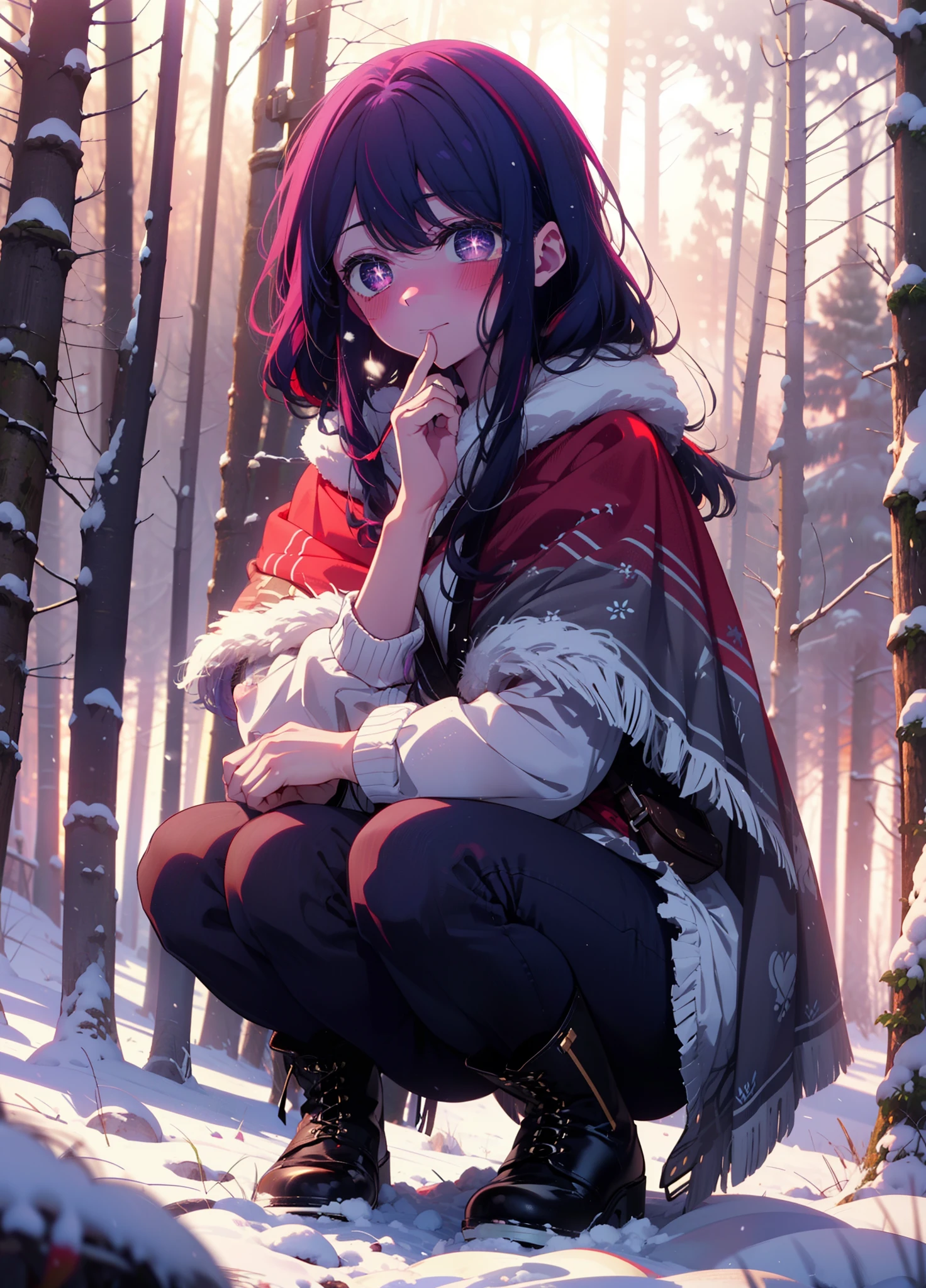 aihoshino, Ai Hoshino, Long Hair, bangs, (Purple eyes:1.1), Purple Hair, (Symbol-shaped pupil:1.5), smile,,smile,blush,white breath,
Open your mouth,snow,Ground bonfire, Outdoor, boots, snowing, From the side, wood, suitcase, Cape, Blurred, , forest, White handbag, nature,  Squat, Mouth closed, Cape, winter, Written boundary depth, Black shoes, red Cape break looking at viewer, Upper Body, whole body, break Outdoor, forest, nature, break (masterpiece:1.2), Highest quality, High resolution, unity 8k wallpaper, (shape:0.8), (Beautiful and beautiful eyes:1.6), Highly detailed face, Perfect lighting, Extremely detailed CG, (Perfect hands, Perfect Anatomy),