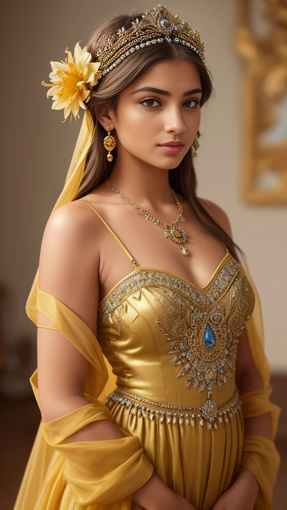 Masterpiece, upper body portrait, girl, middle ages, Yellowish saffron dress slik smooth Arabian style, classicism, andrey atroshenko style, painting, traditional media, realistic, head silver tiara with a single peacock feather adorned in it, with divine attributes, figurative, fine art, oil on canvas, HDR, 8K, original character, high resolution, high detail, focus on the face, intricate, flawless. The background should be a magical swirl few dust small white amber blue flower