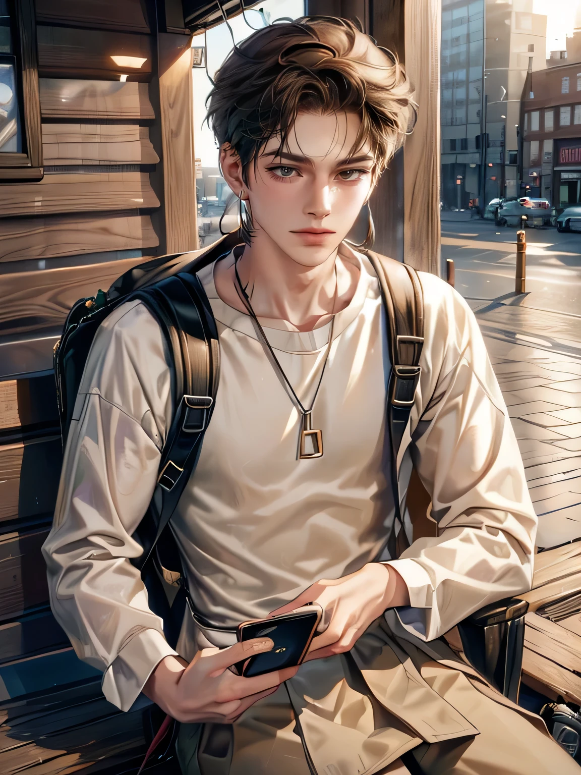 4K works))、​masterpiece、（top-quality)、((high-level image quality))、((One Manly Boy))、Slim body、((Attractive and sexy fashion))、((Men's Fashion))、((Holding a backpack and iPhone in hand))、(Detailed beautiful eyes)、In a fashionable city、Sitting on the curb and listening to music、Face similar to Chaewon in Ruseraphim、((short hair above the ears))、((Smaller face))、((Neutral face))、((Light brown eyes))、((Korean boy))、((18year old))、((Handsome man))、((Teeth and smile expression))、((Korean Makeup))、((elongated and sharp eyes))、((photo of a model))、((Like a celebrity))、Professional Photos、((Shot alone))、((Sitting on the curb and listening to music through headphones))、((He sits in front of the viewer))、((Shot diagonally up from the front))、