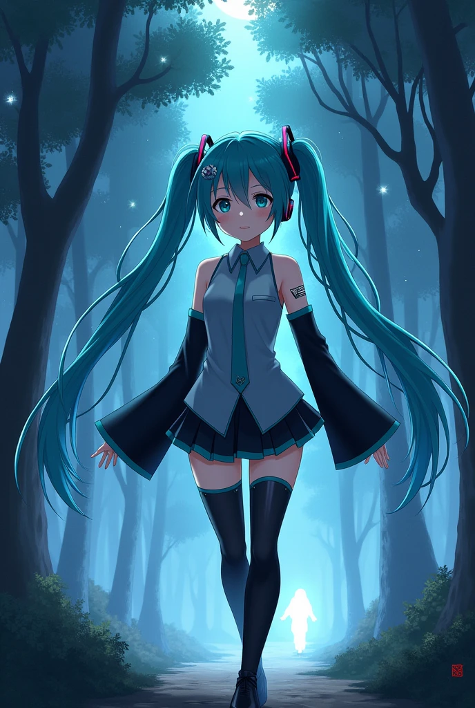 Anime art, anime style, detailed drawing, beautiful forest background background, high definition, high quality, one girl, solo, Hatsune Miku, aqua hair, twin tails, head ornament, headphones, number tattoo "01" (red, located on her right hand), grey sleeveless collared shirt, black detached sleeves with aqua lines, five fingers with aqua nails, aqua necktie, black pleated mini skirt with aqua lines, zettai ryouiki, thigh-high black boots with aqua lines.
Get example from this image: https://pokestorys.fandom.com/es/wiki/Miku_Hatsune?file=Miku_Hatsune.png
Miku Hatsune walking alone in the night; there is a ghost following her behind