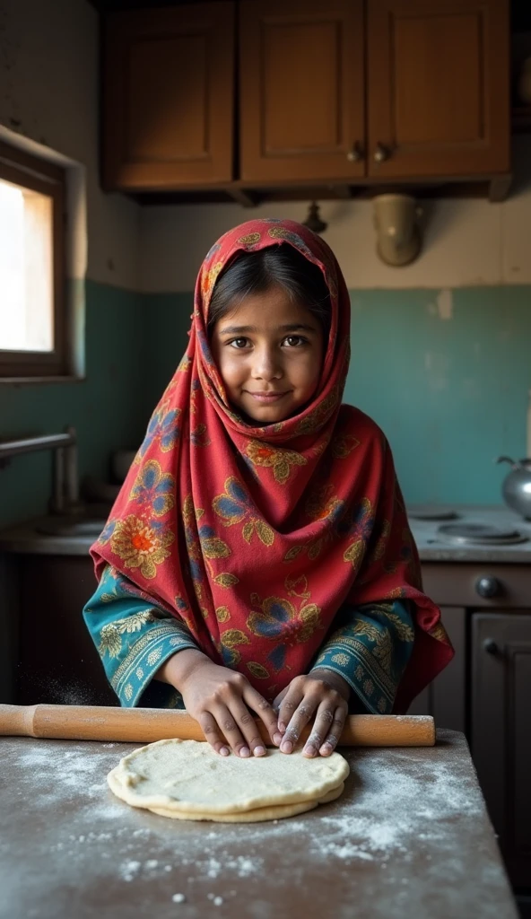 cartoon hijabi girl making a roti in poor kitchen while she is crying
