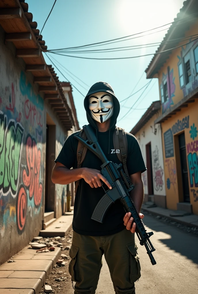 Man with Anonymous mask and M4 rifle pointing upwards painted in Venezuela 