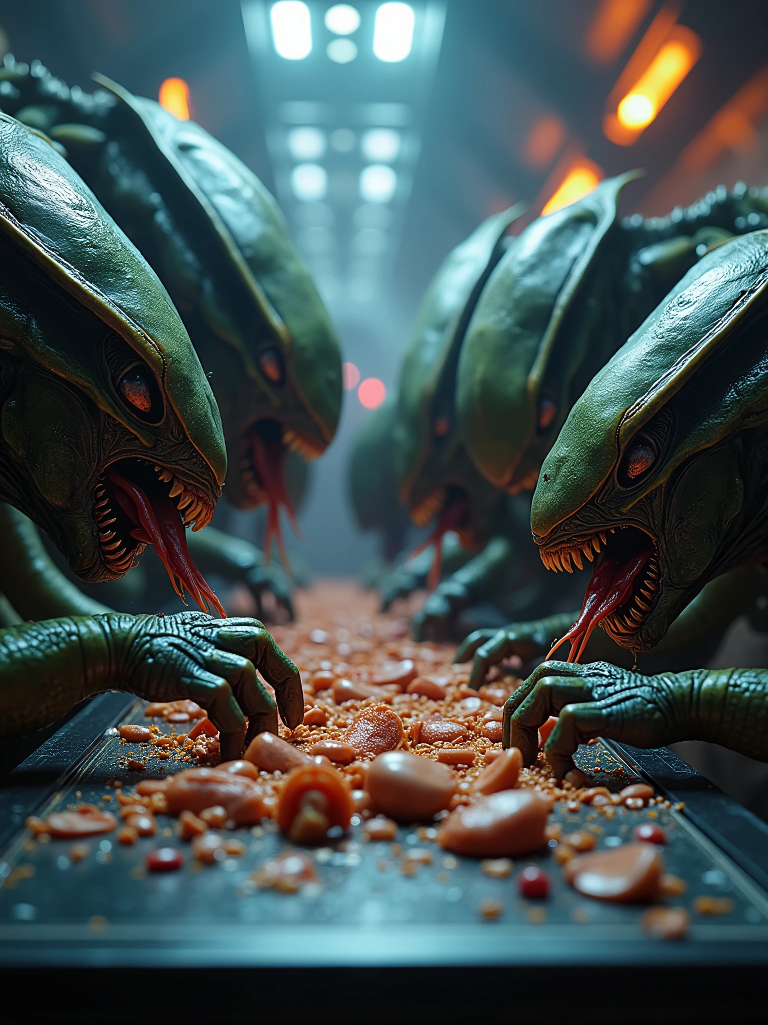 A striking cinematic sci-fi scene featuring a close-up of grotesque alien creatures and insect-like monsters gathered around a table. They are devouring a variety of strange, otherworldly animals, with sharp claws and mouths dripping with slimy saliva. The table is adorned with futuristic silverware and a backdrop of neon lights and advanced technology. The overall atmosphere is dark, eerie, and intense, with a sense of tension and danger., cinematic