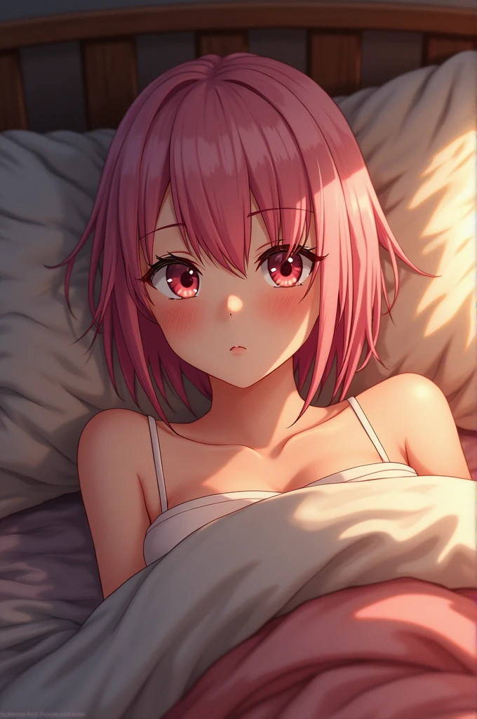 Créer une photo réaliste de Sakura, la copine de Naruto, allongée sur un lit, en porte-jarretelles, dénudée, les joues rouge de chaleur avec un peu de sueur