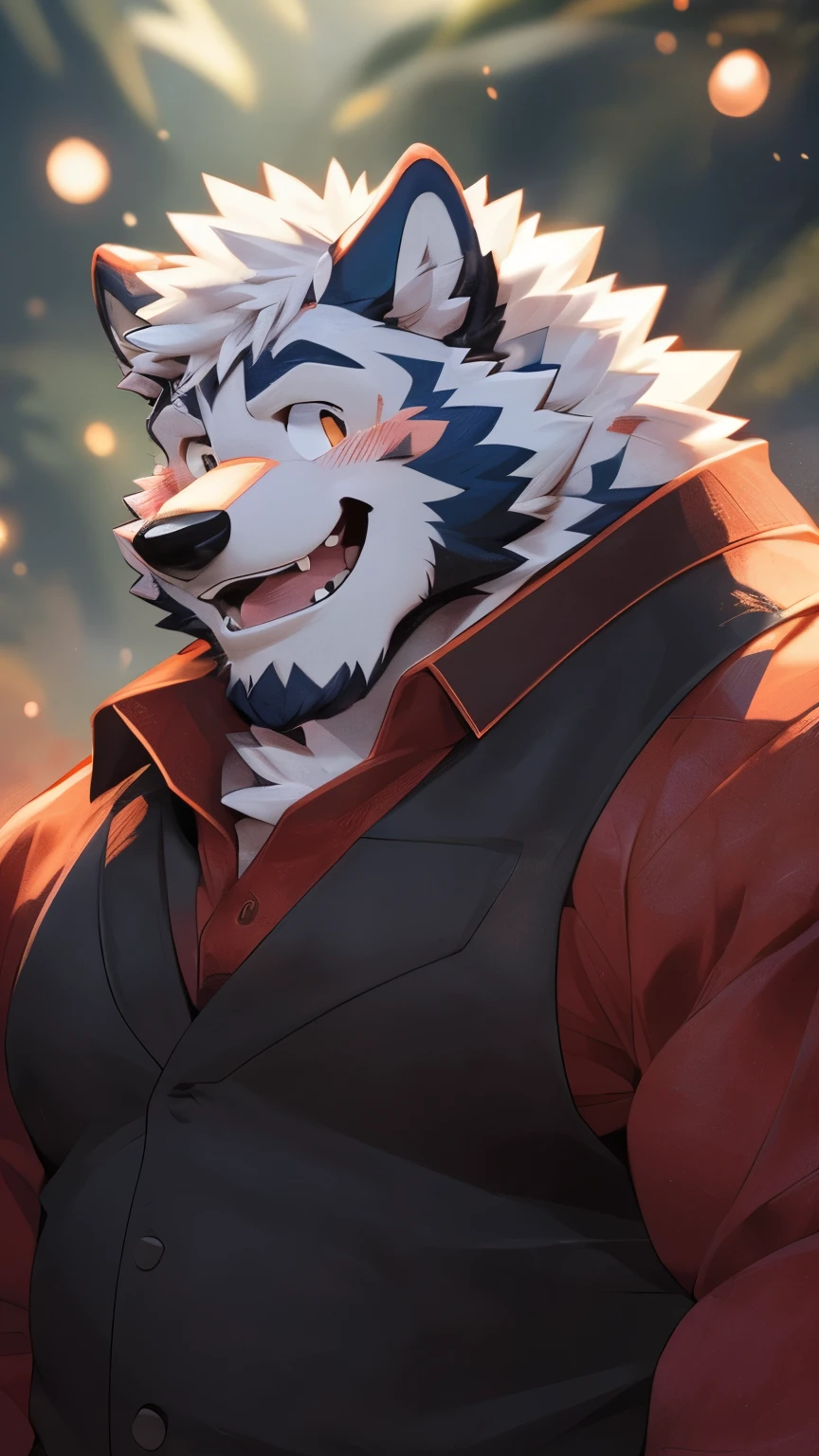 human nature, wild animals, male, 36 years old,uncle,solitary, ((Round Face, The face is plump, Orange Eyes, Thick white hair,Scars)), ((Endomorph, Handsome,Hot Blood)), (Mecha suit,no electricity,exhausted), ((domestic white wolf, Wolf Orc) Fluffy fur, Fluffy, White Stripes), (wolf print), Bokeh, (high quality, high resolution, masterpiece), (Dynamic Lighting, Vibrant colors), (happy,laughing out loud,blush), Detailed teeth, Full body pictures (Vision), cartoon, author:Takemoto Arashi, From Zixiong, author:Chunni, author:Ethereal,(background:Rainforest)
