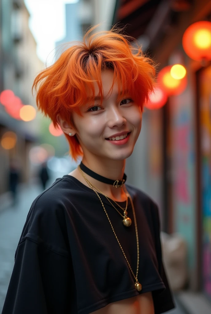 lee know do stray kids de cabelo laranja com hma expressao fofa e com um cropped preto