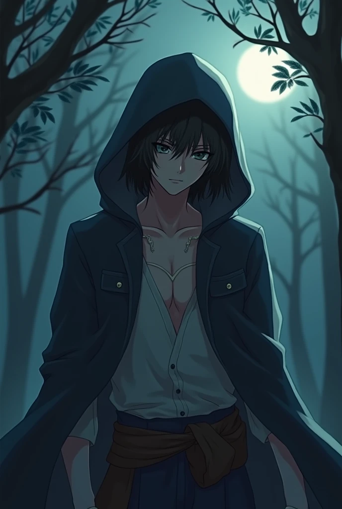 Draw a man like Kirito wearing a tattered hood that hides his eyes. Make him lightly equipped, handsome, and young. Write him with the hood hiding his eyes, making him thinner and more anime-like. Draw him like Kirito from Sword Art Online, with no equipment and wearing a hood.