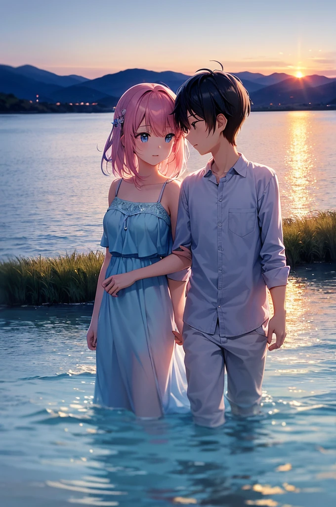 Create a romantic sunset scene with an anime couple by a lake. The scene should convey a sense of peace and love, using a light blue and pink color palette.