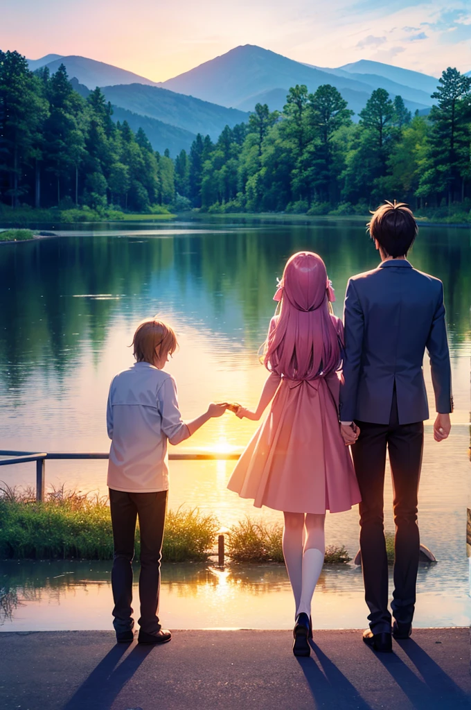 Create a romantic sunset scene with an anime couple by a lake. The scene should convey a sense of peace and love, using a light blue and pink color palette.