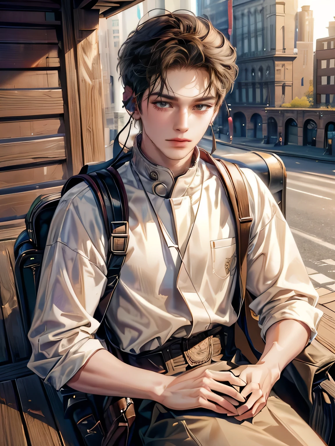 4K works))、masterpiece、(top-quality)、((high-level image quality))、((One Manly Boy))、Slim body、((Attractive and sexy fashion))、((Men's Fashion))、((Holding a backpack and iPhone in hand))、(Detailed beautiful eyes)、In a fashionable city、Sitting on the curb and listening to music、Face similar to Chaewon in Ruseraphim、((short hair above the ears))、((Smaller face))、((Neutral face))、((Light brown eyes))、((Korean boy))、((18year old))、((Handsome man))、((Teeth and smile expression))、((Korean Makeup))、((elongated and sharp eyes))、((photo of a model))、((Like a celebrity))、Professional Photos、((Shot alone))、((Sitting on the curb and listening to music through headphones))、((He sits in front of the viewer))、((Shot diagonally up from the front))、