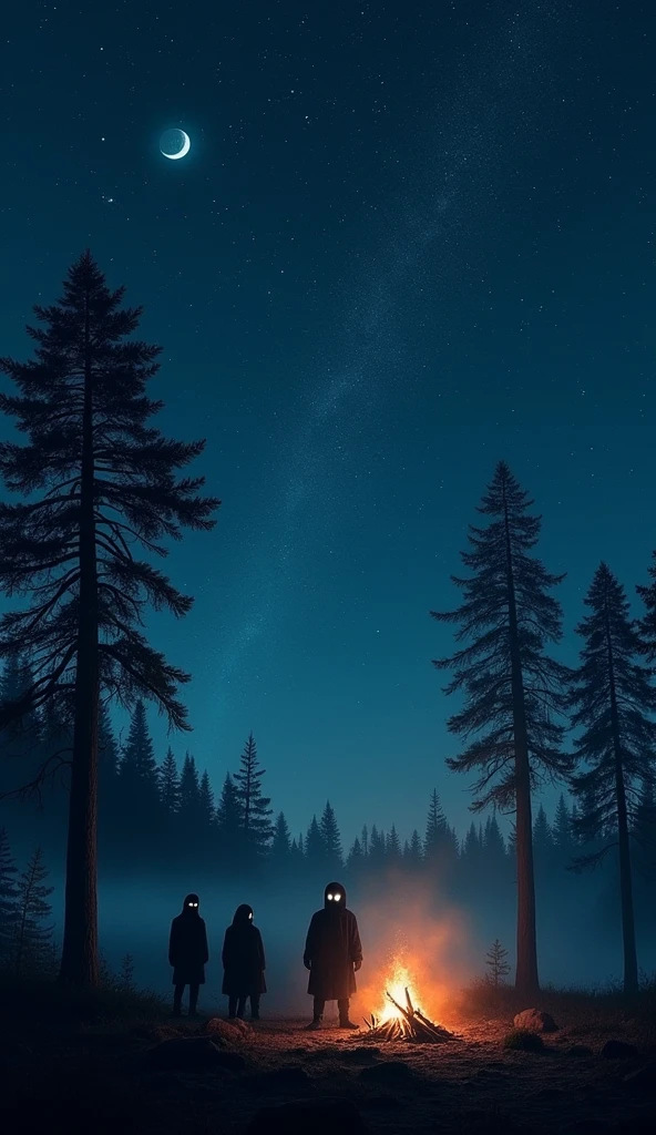 generate a starry sky with the moon in a corner, Below I want a small campfire, and behind that campfire I want some trees, I want you to generate black shadows the size of people with glowing eyes, Let the darkness be vast, and the light of the fire be almost extinguished, Let there be much darkness 