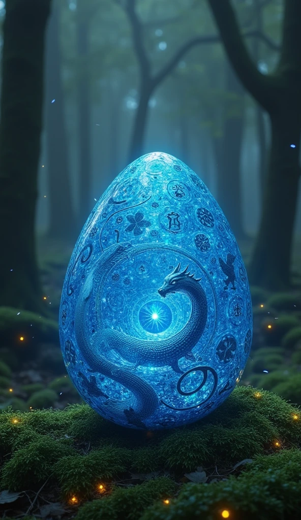 A giant, beautiful dragon egg is shown. The egg emits a faint blue glow, and its surface is adorned with ancient symbols that gleam with light. Tiny particles of light dance around the egg, creating a mystical atmosphere. The egg's presence hints at the source of power for the kingdom.