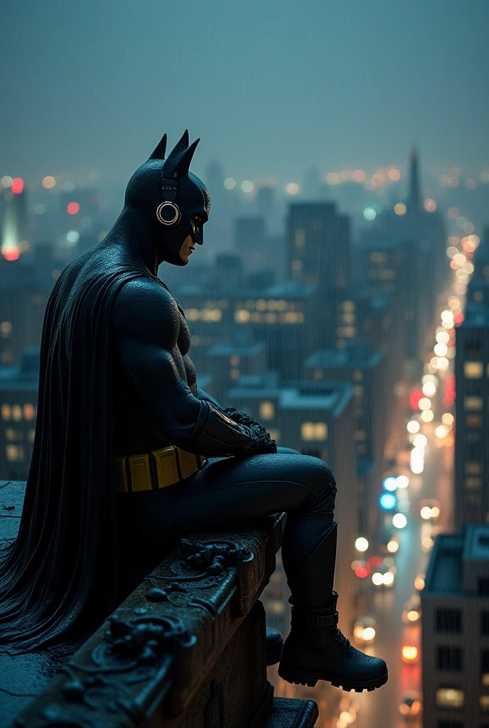 at night Batman just chilling on top of the building listening to music while it's raining heavily. In the background we see city skyline at night. Cozy
