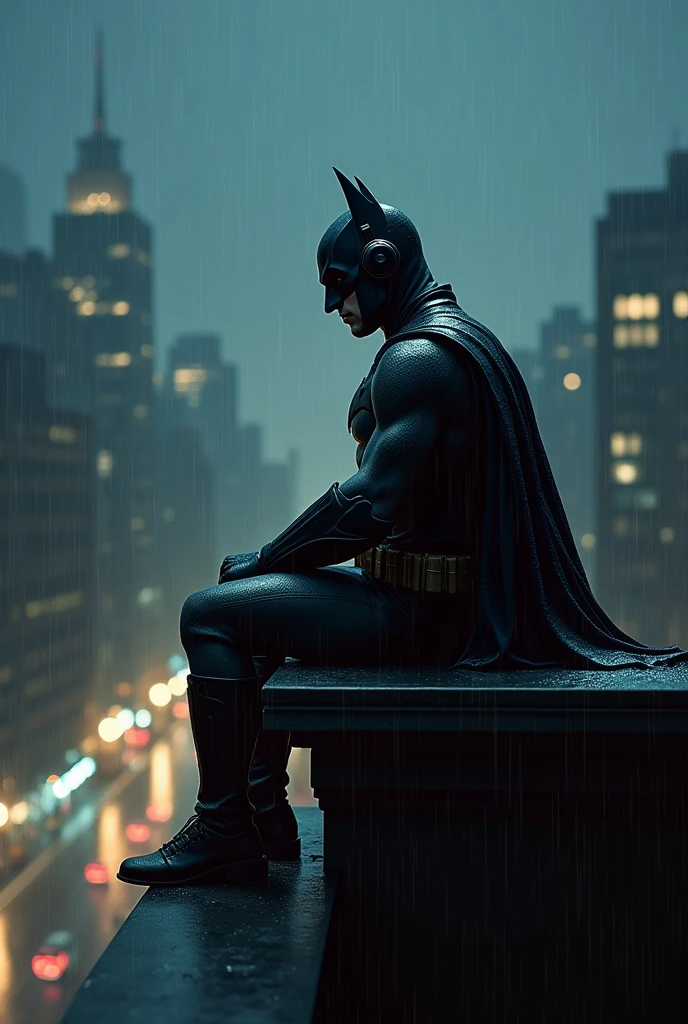 at night Batman just chilling on top of the building listening to music while it's raining heavily. In the background we see city skyline at night. Cozy