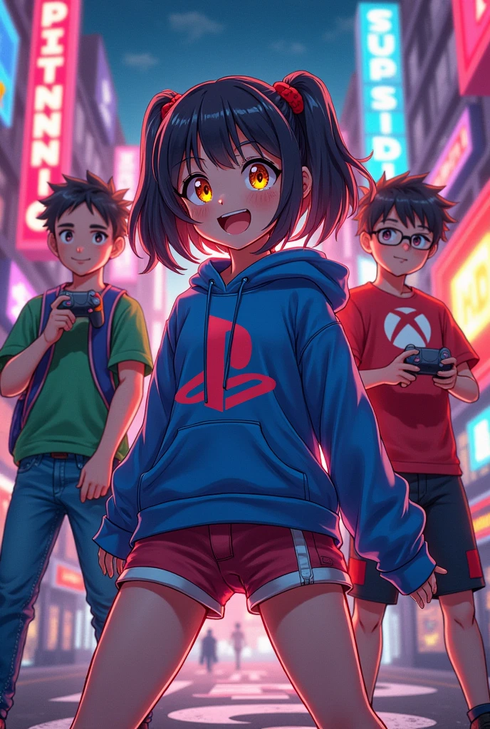 Une fille le logo PlayStation. I'm with a boy who wears the Xbox logo, a girl who wears the Nintendo logo, and a boy friend who wears the Steam logo, manga version.