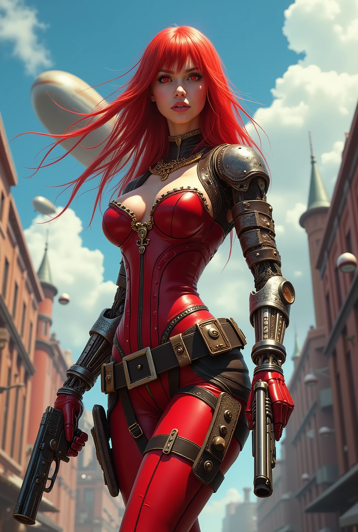 A striking cyborg hybrid! In a steampunk cityscape, viewed from the side, a girl with long, bright red hair and detailed red eyes stands in an action pose. She's adorned with intricate mechanical arms and legs, prosthesis gleaming under the clear blue sky. A stunning red corset accentuates her figure, as she grips two steampunk handguns in holsters attached to a harness. The cityscape stretches into the distance, with steampunk aircraft soaring overhead. In the foreground, a detailed background reveals rusty pipes and steam vents, adding depth to this dynamic scene.