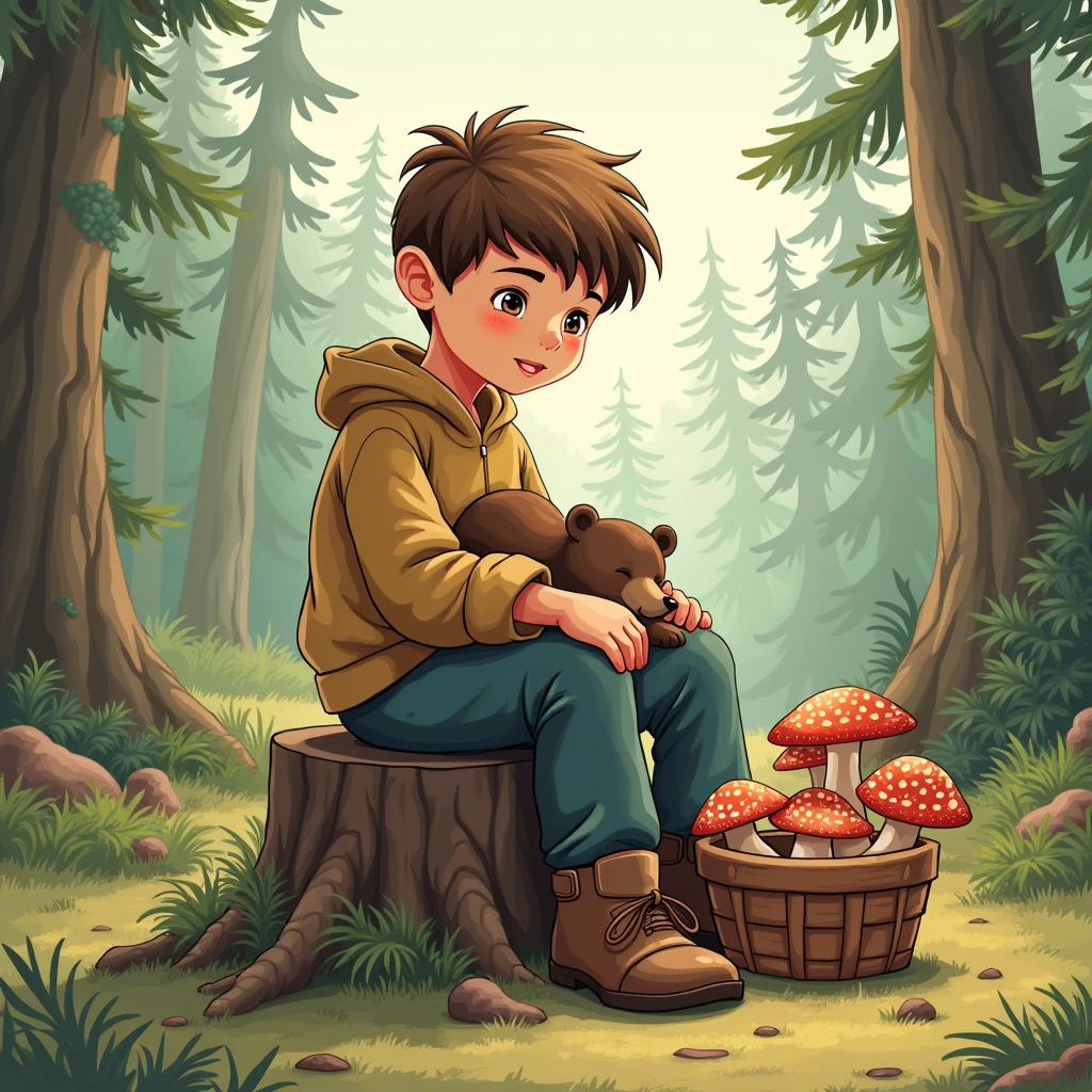 Draw a boy about 8 years old, who is sitting on a stump in a pine forest, next to him is a basket of mushrooms, with a bear cub sleeping on his lap