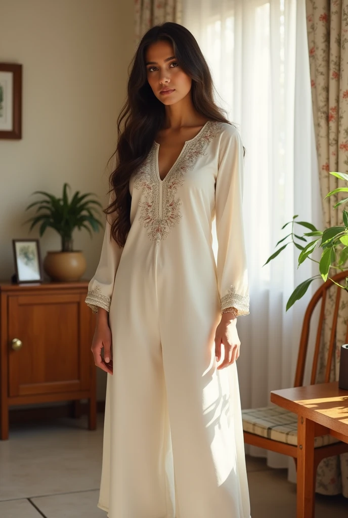 A beutiful girl dress kurta pajama wearing white at home