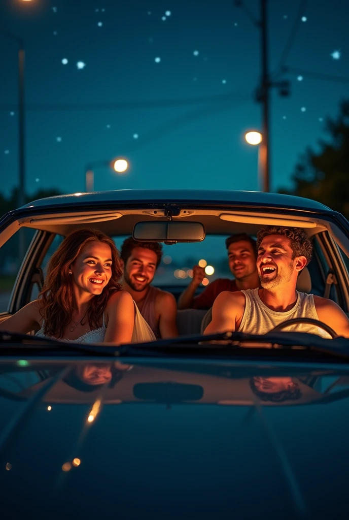 4 friends in one car. A friend sitting inside the car is talking funny. A friend is getting angry at night.