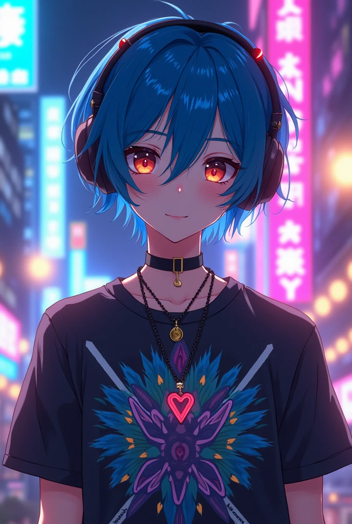 Handsome boy anime add headphone and blue hair shining add v locket add designed v t-shirt 17year boy