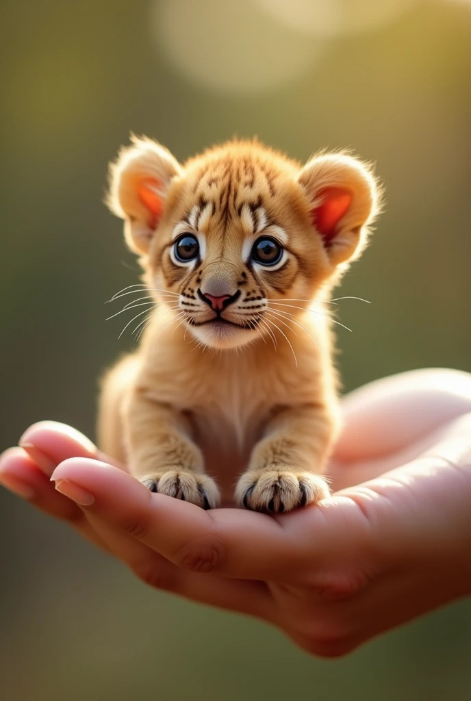 There is a small lion cub sitting in a person's hand, a miniature lion cub, a miniature animal, sitting on a finger, cute and cute, cute and cute, cute kitty, cute lion cub, the photo is very realistic, Very small, beautiful lion picture, just a neat little thing, cute little nose, beautiful and cute, beautiful creature, pretty cute, very detailed photo.