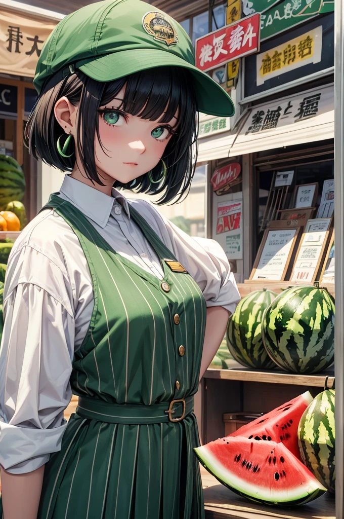 Juice wagon sales、Watermelon juice、Black Bob Cut、Pin your bangs in place、Beautiful round green eyes、Earrings、Wearing uniform、Green with white pinstripes、Cricket cap、The sign reads in large white font in capital letters "COOL" 、prosperous store、Bright atmosphere、Refreshing summer moments