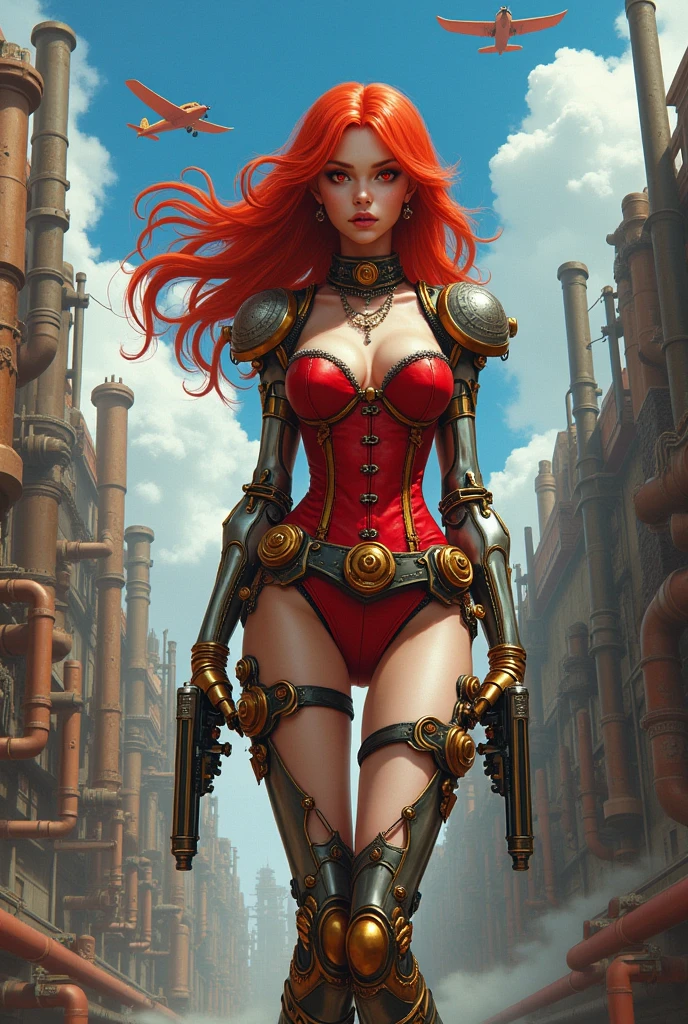 A striking cyborg hybrid! In a steampunk cityscape, viewed from the side, a girl with long, bright red hair and detailed red eyes stands in an action pose. She's adorned with intricate mechanical arms and legs, prosthesis gleaming under the clear blue sky. A stunning red corset accentuates her figure, as she grips two steampunk handguns in holsters attached to a harness. The cityscape stretches into the distance, with steampunk aircraft soaring overhead. In the foreground, a detailed background reveals rusty pipes and steam vents, adding depth to this dynamic scene.