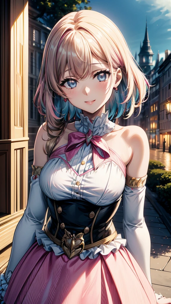 “(Top Quality, Masterpiece, Ultra High Definition, High Resolution, HDR, Unity 8K Wallpaper, Beautiful details, depth, delicacy, vibrant colors). A single girl in an anime style inspired by Epic Seven. She has beautifully detailed eyes, lips and face, her eyelashes are long, she wears an intricate and revealing gyaru-style uniform, a mini skirt, cute ribbons, accessories, her hands are not shown, her hair is multicolored with a striped curly texture, her hands are behind her back, a mix of rainbow hues and half white, half pink tones, the focus is on her upper body, capturing her smiling expression, her arms down, the accented mini skirt, this image highlights her attractive and adorable appearance, exuding an erotic and cute atmosphere. The girl's hairstyle is distinctive and different, adding uniqueness to her look, her hands are behind her back, this scene is rendered in ultra high definition CG, every detail is crisp and sharp.”