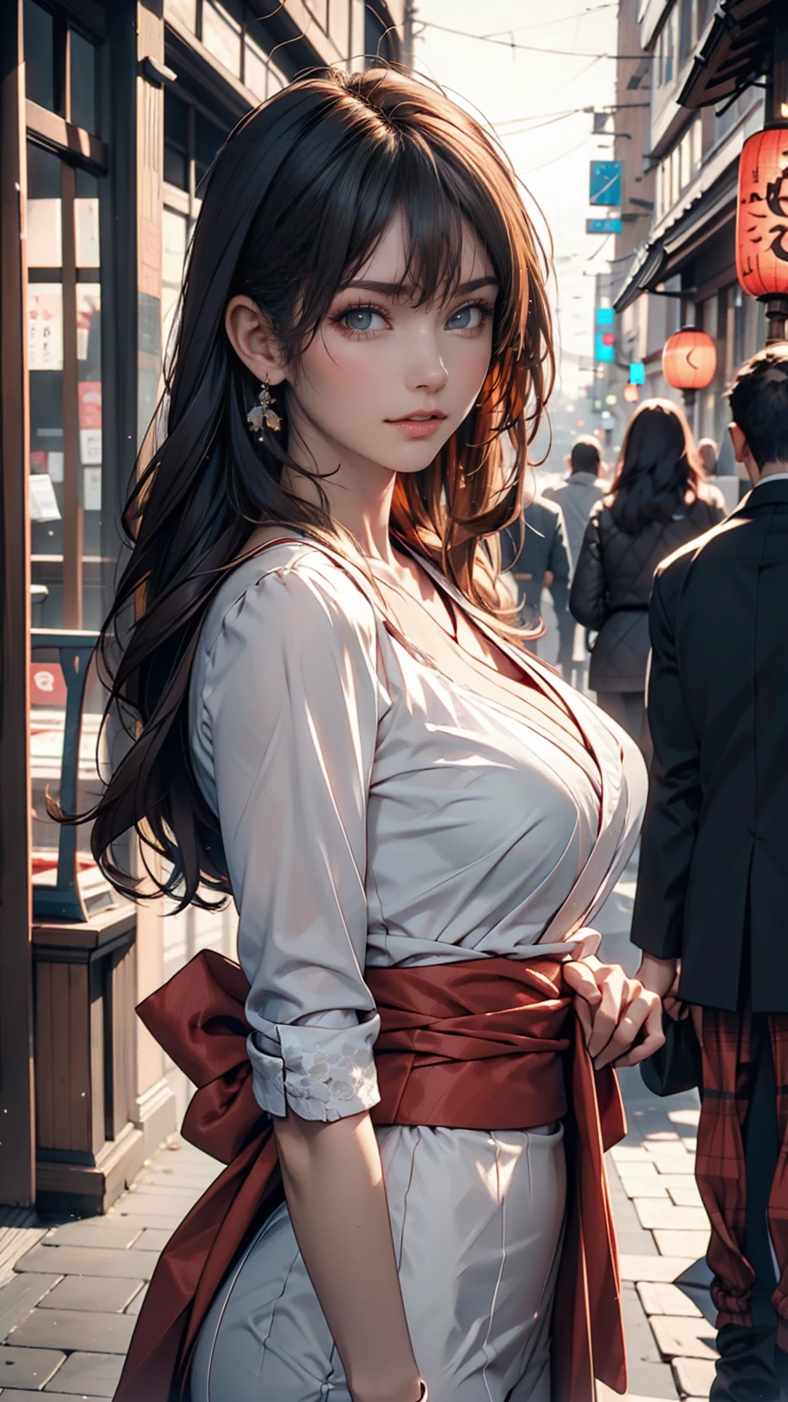 woman,Japanese,Blue Shirt,No sleeve,Realistic details, High resolution,Bokeh,Excellent details