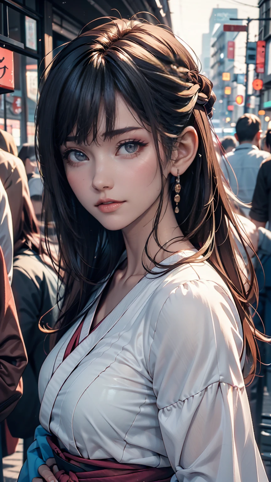 woman,Japanese,Blue Shirt,No sleeve,Realistic details, High resolution,Bokeh,Excellent details