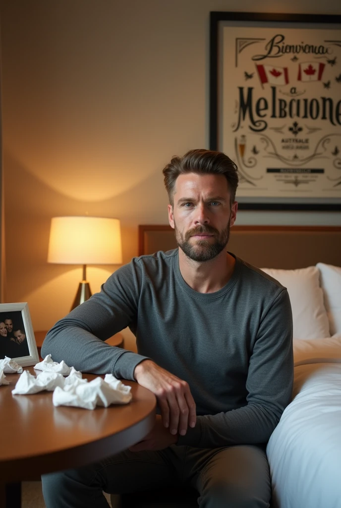 Homme caucasien grand de taille, charmant, un peu costaud, habillé en pantalon et tee-shirt manche longue, assis ou adossé sur une table dans une grande chambre d'hôtel, sur la table qu'il y ait également un papier mouchoir déjà utilisé sur la table et sur le lit de l'hôtel qu'il soit déposer un cadre photo grand ou moyen qu'il est possible de faire arrêter sur le lit et faire face à la caméra et sur le mur du chevet du lit un tableau sur lequel il est écrit en français : Bienvenue à Melbourne AUSTRALIE et autour de la phrase qu'il y ait les emblèmes du Canada Québec ou le drapeau du Canada Québec