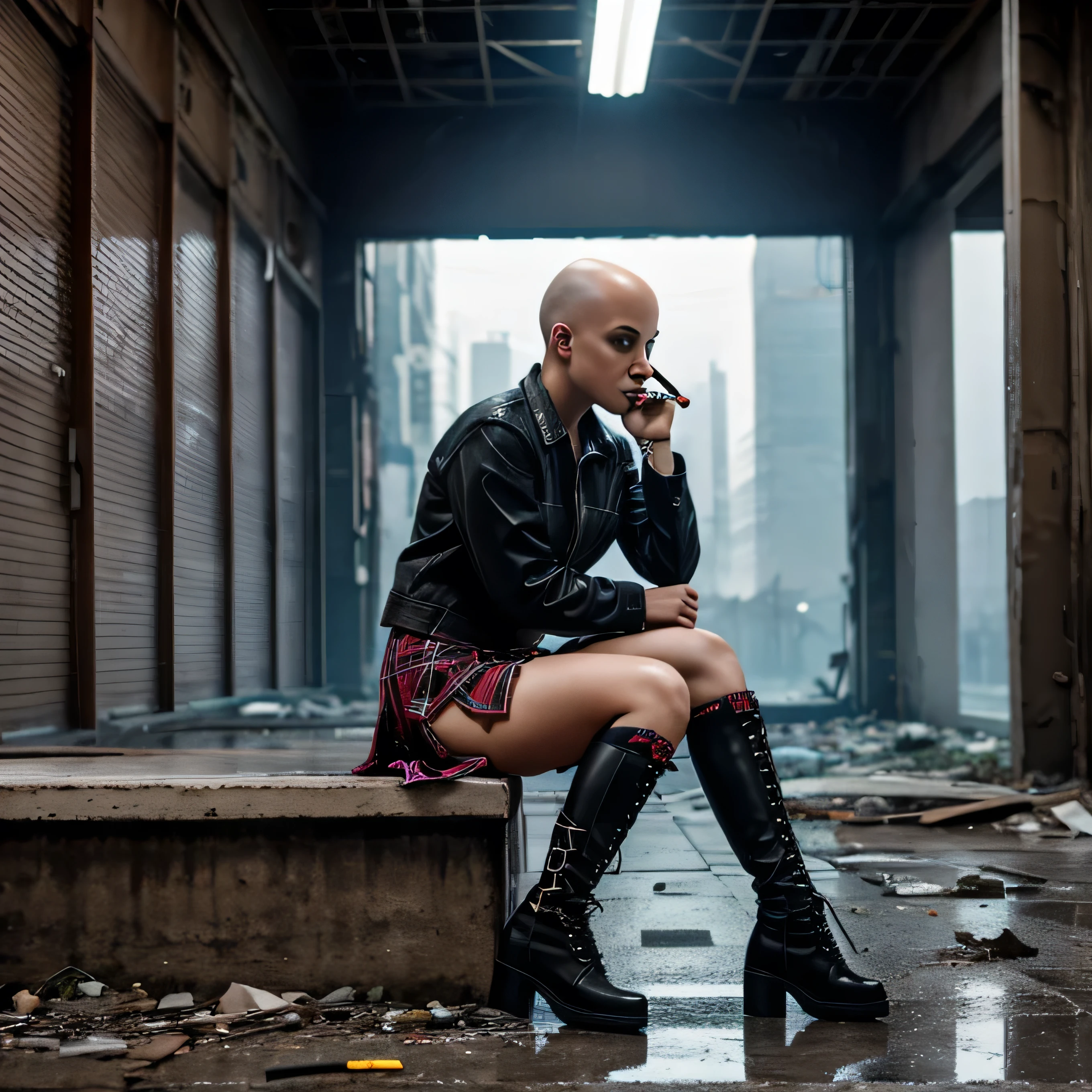 A beautiful bald girl in punk clothing and a plaid skirt, ripped stockings, and high boots sits on her haunches in an abandoned building and smokes a cigarette. , It's raining outside, neon evening, realistic portrait sad girl, beautiful bald girl
