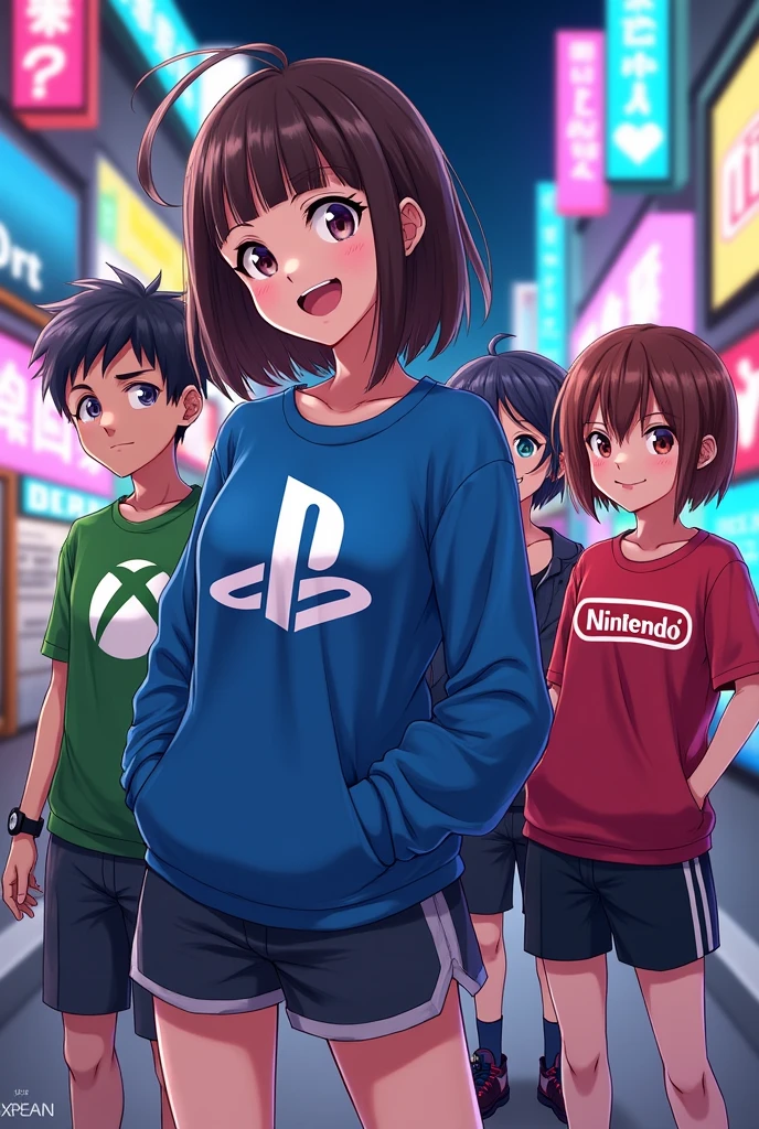 Une fille le logo PlayStation. I'm with a boy who wears the Xbox logo, a girl who wears the Nintendo logo, and a boy friend who wears the Steam logo, manga version.