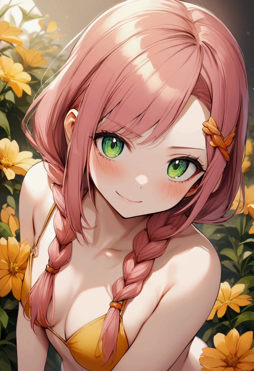20 years old girl, pink orange hair, plait long, green eyes, slightly scary smile, bikini, orange-yellow flower clip