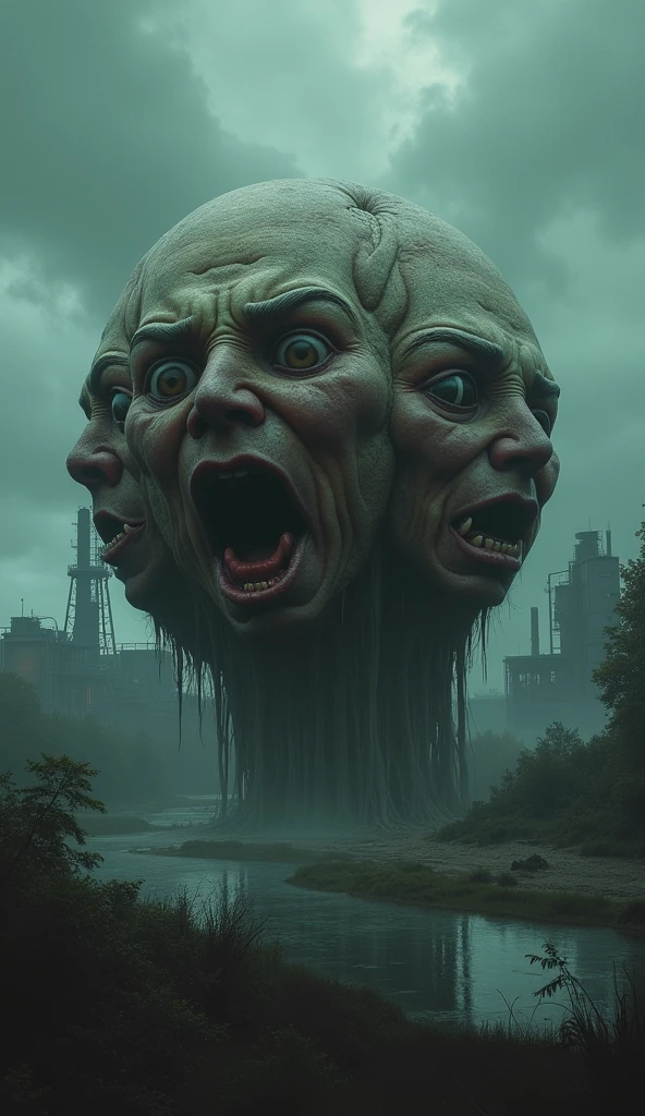 Best image quality, masterpiece, multiple human faces on a single round creature, infatuated expression, sewage treatment plant background, detailed skin expression, detailed image texture, brutal, grotesque, horror, eerie atmosphere, (not AI image), cloudy weather