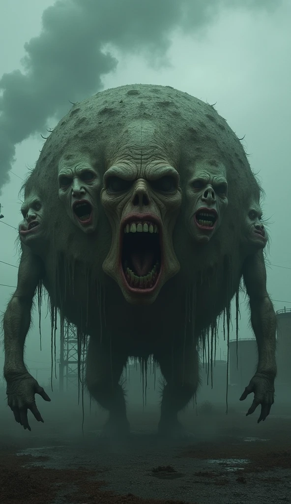 Best image quality, masterpiece, multiple human faces on a single round creature, infatuated expression, sewage treatment plant background, detailed skin expression, detailed image texture, brutal, grotesque, horror, eerie atmosphere, (not AI image), cloudy weather