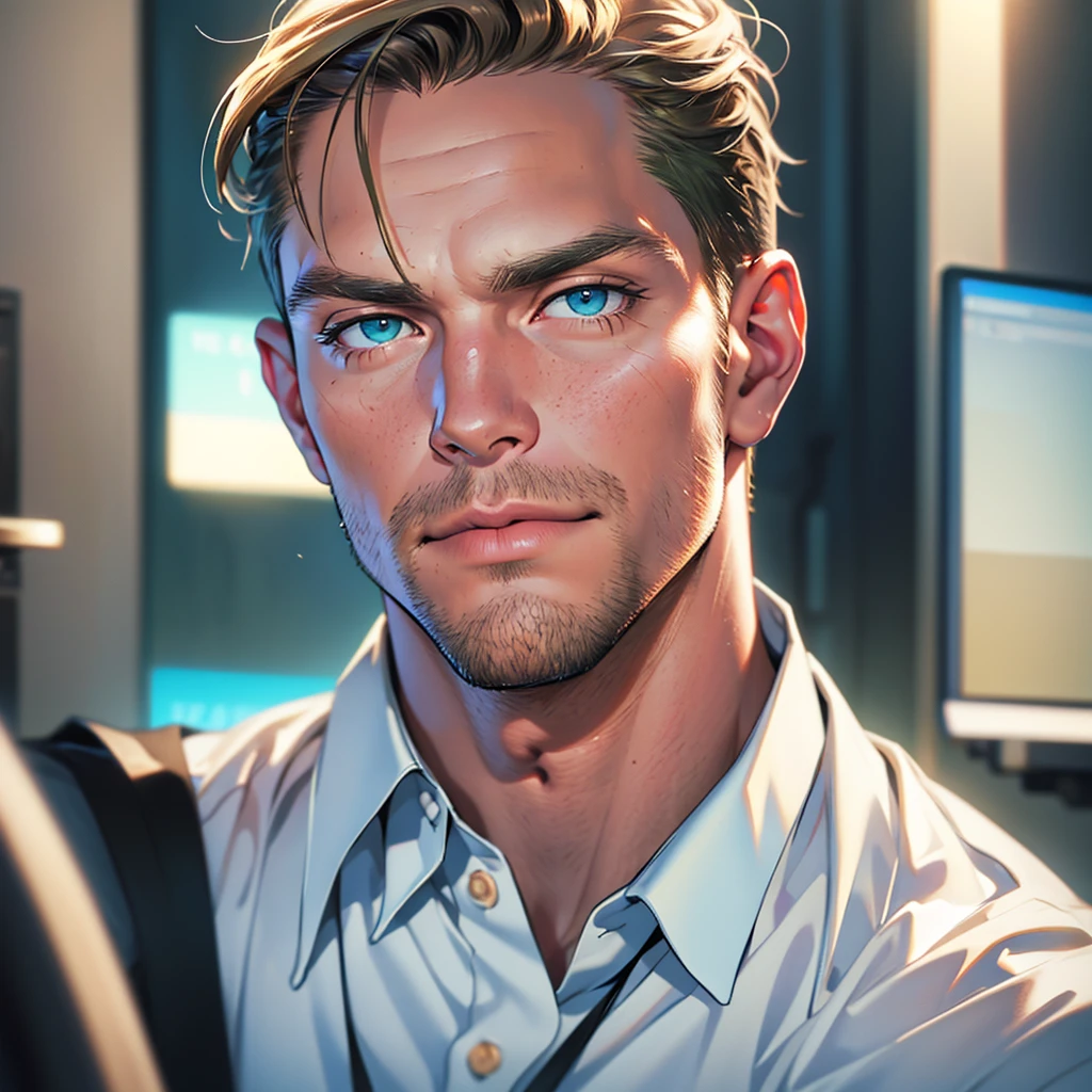 (Best Quality,32k,high resolution,Masterpiece:1.2),ultra detailed,(realist,photorealist,photo-realist:1.37),1 man Stephen Amell,31 years,mature man,very handsome,without expression,muscled body,short dark blond hair,Blue green eyes,glare,perfect face without mistakes,imposing posture,businessman,office background,cinematic lighting,imagen HDR