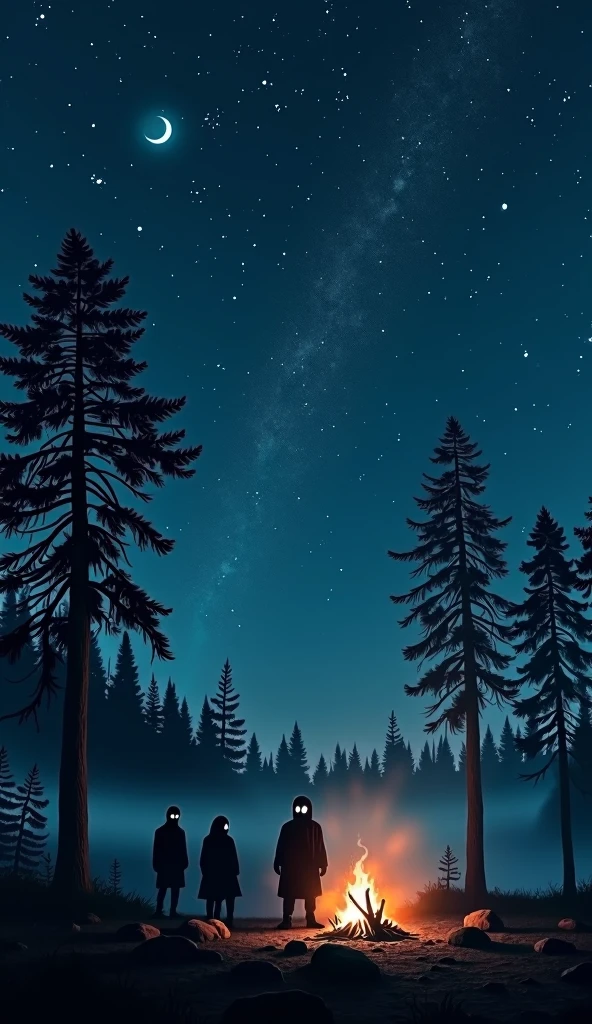 generate a starry sky with the moon in a corner, Below I want a small campfire, and behind that campfire I want some trees, I want you to generate black shadows the size of people with glowing eyes, Let the darkness be vast, and the light of the fire be almost extinguished, Let there be much darkness