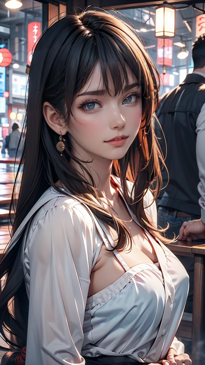 woman,Japanese,Blue Shirt,No sleeve,Realistic details, High resolution,Bokeh,Excellent details