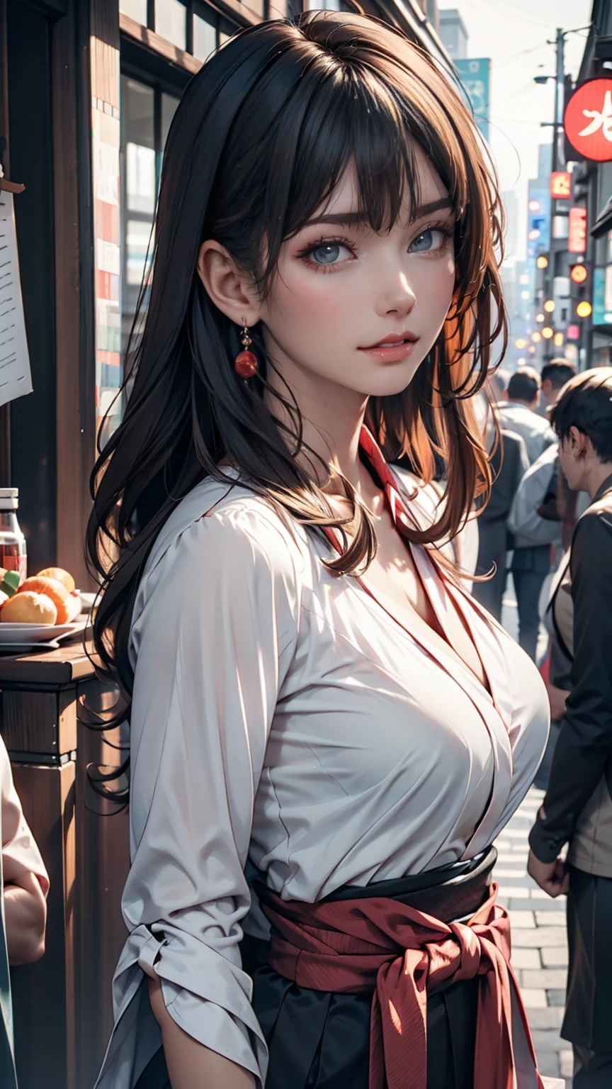 woman,Japanese,Blue Shirt,No sleeve,Realistic details, High resolution,Bokeh,Excellent details