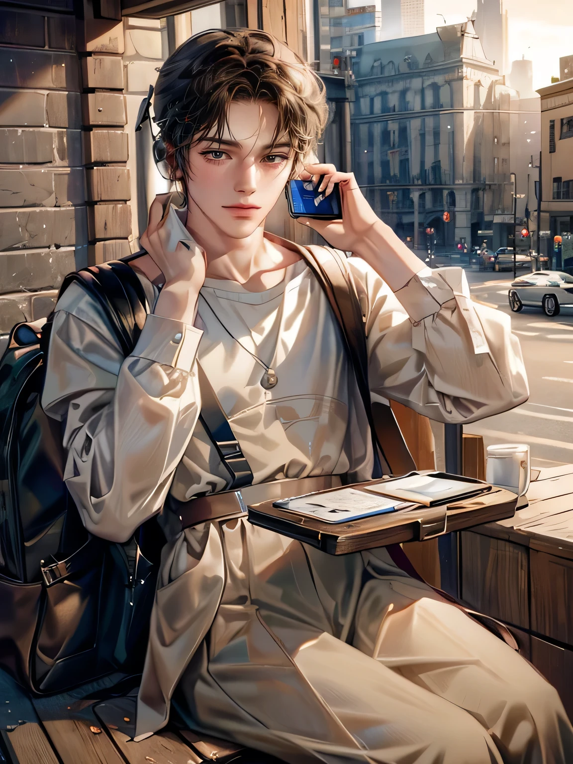 4K works))、masterpiece、(top-quality)、((high-level image quality))、((One Manly Boy))、Slim body、((Attractive and sexy fashion))、((Men's Fashion))、((Holding a backpack and iPhone in hand))、(Detailed beautiful eyes)、In a fashionable city、Sitting on the curb and listening to music、Face similar to Chaewon in Ruseraphim、((short hair above the ears))、((Smaller face))、((Neutral face))、((Light brown eyes))、((Korean boy))、((18year old))、((Handsome man))、((Teeth and smile expression))、((Korean Makeup))、((elongated and sharp eyes))、((photo of a model))、((Like a celebrity))、Professional Photos、((Shot alone))、((Sitting on the curb and listening to music through headphones))、((He sits in front of the viewer))、((Shot diagonally up from the front))、