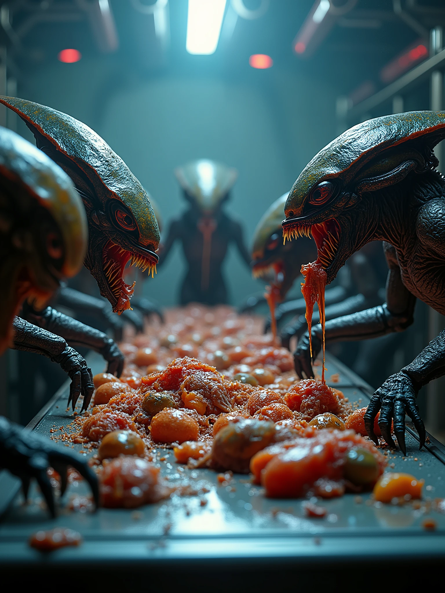 A striking cinematic sci-fi scene featuring a close-up of grotesque alien creatures and insect-like monsters gathered around a table. They are devouring a variety of strange, otherworldly animals, with sharp claws and mouths dripping with slimy saliva. The table is adorned with futuristic silverware and a backdrop of neon lights and advanced technology. The overall atmosphere is dark, eerie, and intense, with a sense of tension and danger., cinematic