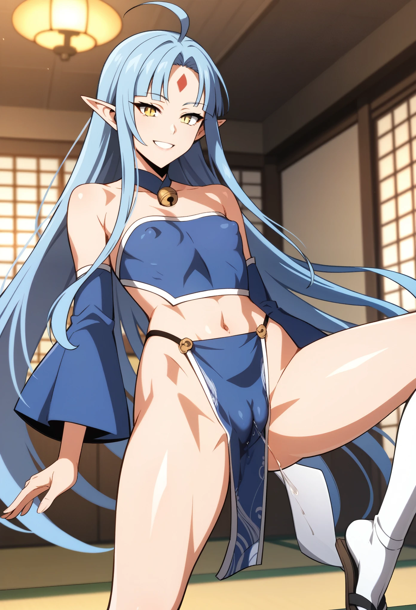 score_9, score_8_up, score_7_up, source_anime, (mfant), indoors,east asian architecture, 1girl, forehead horn, yellow eyes, blue hair, slit pupils, hair bell, very long hair, hime cut, sidelocks, pointy ears, midriff, forehead mark, strapless, long sleeves, white legwear, tabi, hip vent, ahoge, blue dress,pelvic curtain,flat chest,holding fan, dancing,spread legs, (covered nipples:1.1),puffy nipples, toned, (pussy juice drip through clothes:0.9),(cameltoe:1.1), seductive smile, realistic,blurry background,